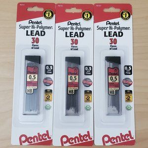 3 Pentel Super Hi-Polymer  0.5 mm x 60 mm Mechanical Pencil HB Leads 30 Each